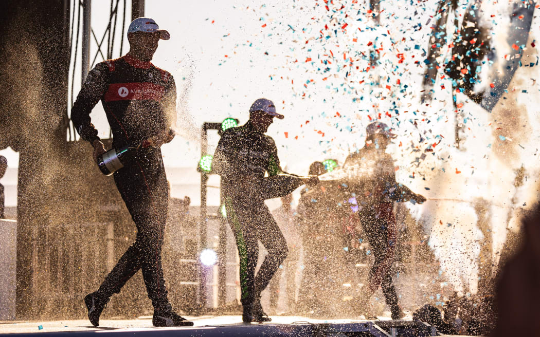 Nick Cassidy (L) celebrates victory at the Portland ePrix.