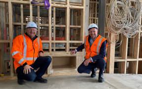 Sitting Mayor Neil Brown and chief executive Hamish Riach touring the progress at the new library and civic building, Te Pātaka a kā Tuhituhi and Te Waharoa a Hine Paaka.