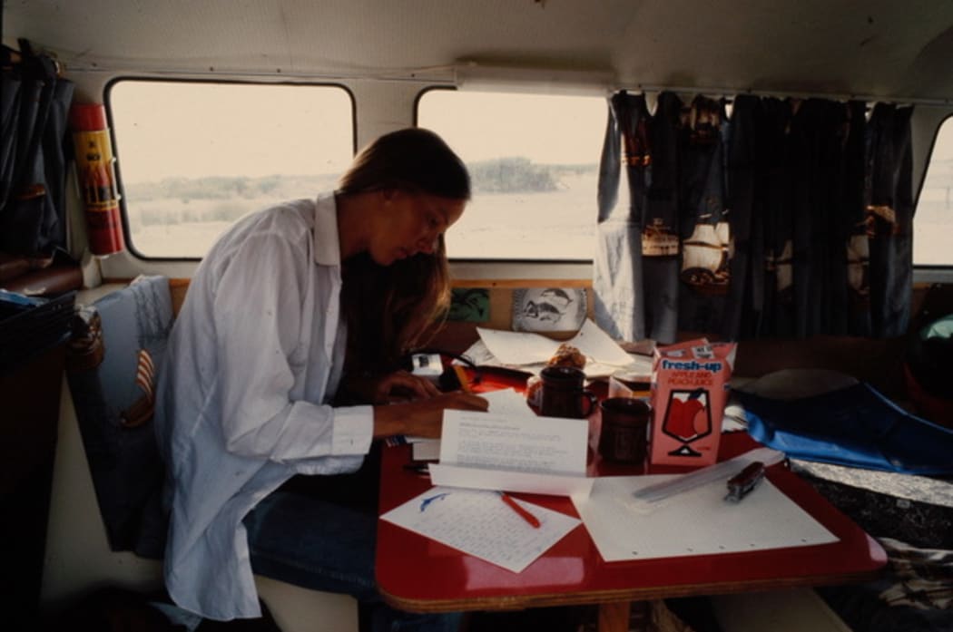 Liz Slooten in a Volkswagen Combi, in the 1980s that Steve Dawson converted into a camper van so the pair could conduct research in the field.