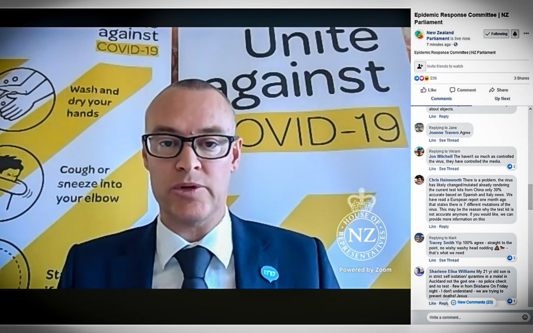 Screenshot of the Minister of Health David Clark appearing before the Epidemic Response Committee