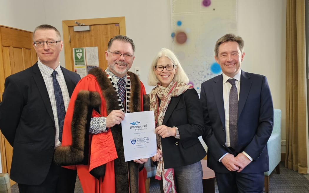 At the signing of the MoU between University of Auckland and WDC (from left) WDC chief executive Simon Weston, Whangārei Mayor Vince Cocurullo and University of Auckland's vice-chancellor Professor Dawn Freshwater plus chief property officer Simon Neale.
