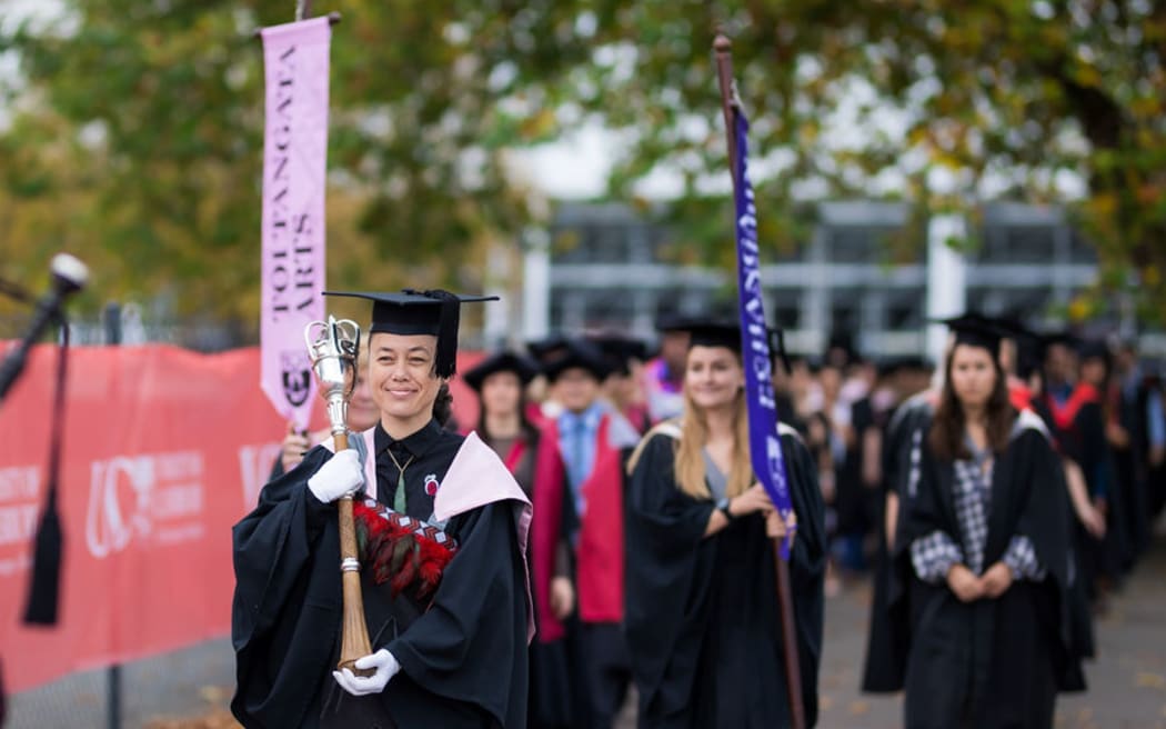 Dr Emma Maurice leads the procession of graduating students into the University of Canterbury’s Autumn Graduation Celebrations in April 2024.