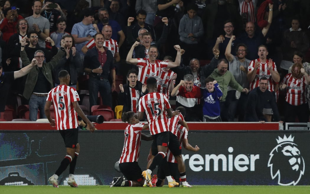 Brentford's Danish midfielder Christian Norgaard celebrates scoring their second goal during the English Premier League football match against Arsenal at Brentford Community Stad