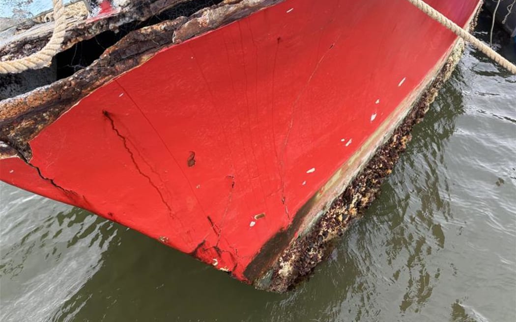 Sunken boat recently recovered from the southern side of the Tauranga Harbour Bridge.