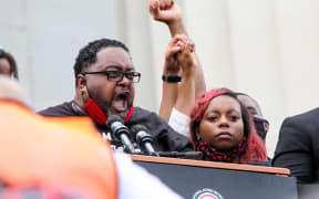 Jacob Blake Sr., father of Jacob Blake, speaks to the crowd at the Lincoln Memorial during the Commitment March on August 28.