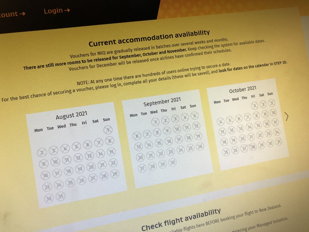 Managed Isolation and Quarantine online booking page with no availability.