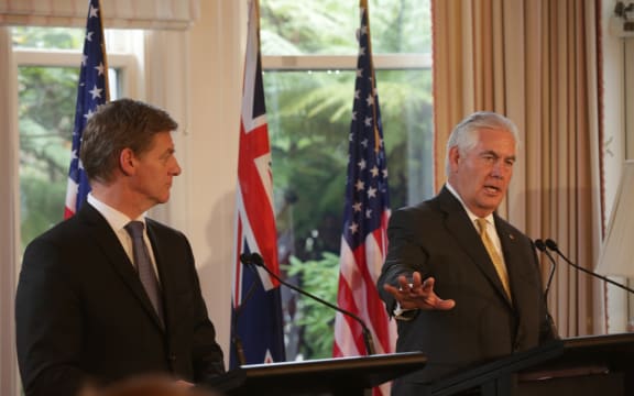 Prime Minister Bill English, left, and US Secretary of State Rex Tillerson at a news conference following their bilateral meeting in Wellington on 6 June 2017.