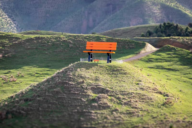 Gareth Morgan's giant park bench sculpture as seen from Transmission Gully July 2025 - ahead of the opening of his public art trail.