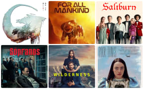 A montage of film posters for: Saltburn. Godzilla Minus One, For All Mankind, The Sopranos, Wilderness, Poor Things.