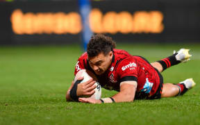 David Havili of the Crusaders scores a try during the Sky Super Rugby Trans-Tasman match, Crusaders V Brumbies, at Orangetheory Stadium, Christchurch, New Zealand, 15th May 2021.
