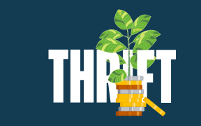 illustration of a stack of coins and a plant in front of the word thrift