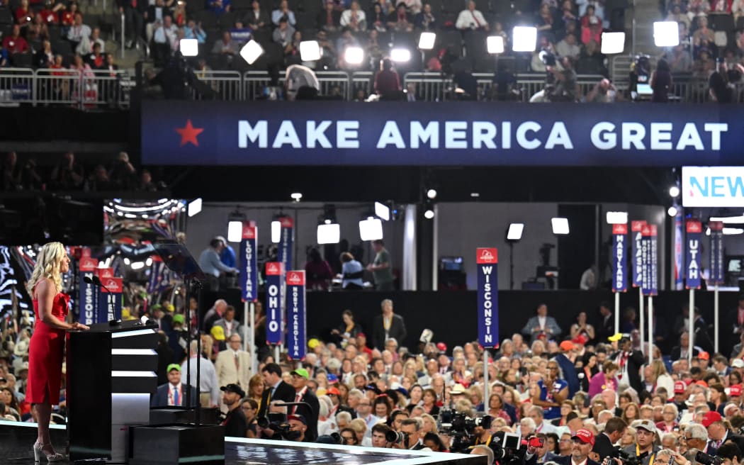 US Representative of Georgia Marjorie Taylor Green speaks during the first day of the 2024 Republican National Convention at the Fiserv Forum in Milwaukee, Wisconsin, July 15, 2024.