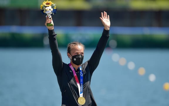 Lisa Carrington (NZL) with her gold medal during the medal ceremony for the Womens Kayak Single 500m.
Tokyo 2020 Olympic Games Kayaking at Sea Forest Waterway, Japan on Thursday 5th August 2021.
Copyright photo: Steve McArthur / www.photosport.nz