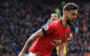 Bruno Fernandes of Man Utd celebrates a goal.