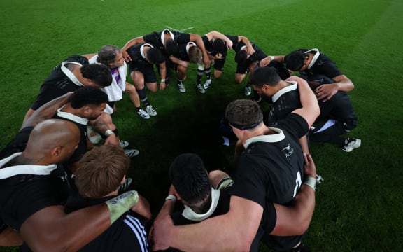 The All Blacks after their win over Ireland, 2024.