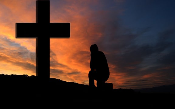 Kneeling Cross Pray Sunset Silhouette Knee Human