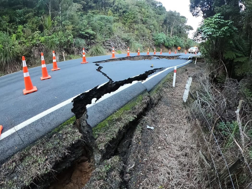 Flood damage to SH1 at Mangamuka Gorge, Northland.