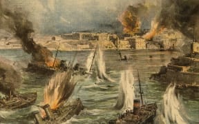An engraving of a WWII air attack on Malta in Italian newspaper La Domenica del Corriere in October 1942.