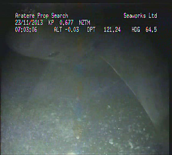 An underwater camera image of the 'Aratere' propeller.