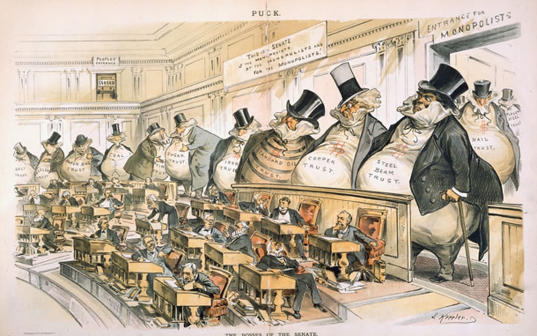 A cartoon by American Joseph Keppler first published in 1889 depicts corporate interests –from steel, copper, oil, iron, sugar, tin, and coal to paper bags, envelopes, and salt–as giant money bags looming over the tiny United State senators at their desks in the Chamber