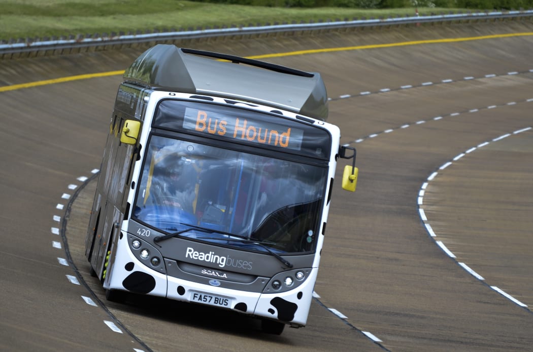 The Bus Hound zips around the track at the world famous Millbrook Proving Ground in Bedford.