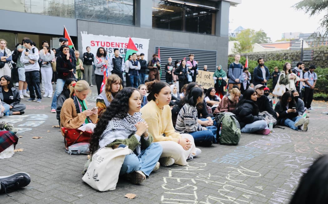 Students gather at Auckland University's city campus to rally against Israel's war in Gaza on 1 May 2024.
