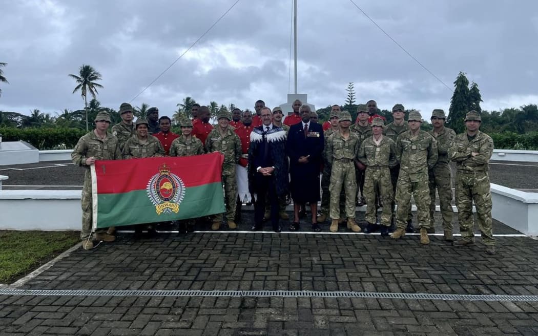 New Zealand Defence Minister Andrew Little poses with NZDF and Fiji Military in Suva, June 2023.