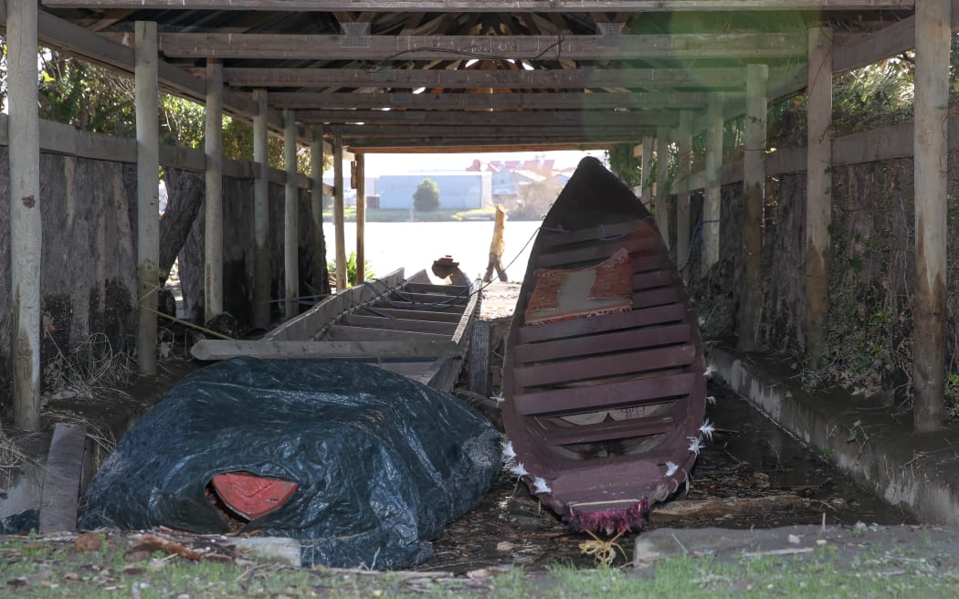 Waka shifted by the storm outside Pūtiki Marae.