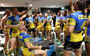 The Parramatta Eels celebrate their win over the Brisbane Broncos.