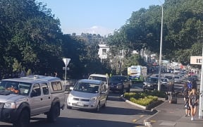 Tsunami evacuation traffic congestion at Whangarei's Bank St/Dent St intersection today. SINGLE USE ONLY