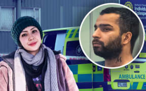 Police and ambulance staff attend the death of Farzana Yaqubi (left) in Massey, Auckland, in 2022. She was stabbed to death by Kanwarpal Singh (inset).