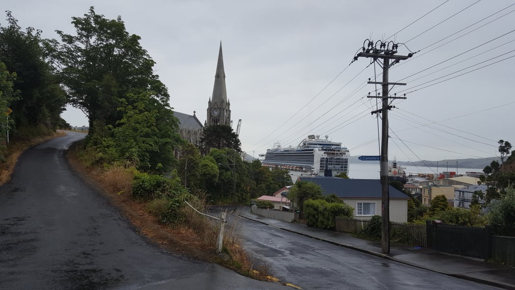 Port Chalmers Presbyterian Church, with Emerald Princess in background