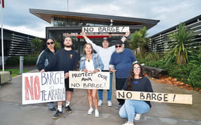 Protesting the barge at Gisborne District Council yesterday from left, Ani Pahuru-Huriwai, Dion Aupouri-Akuhata, Noleen Brooking, Jason Akuhata-Brown, Buzby Akuhata and Ripeka Irwin.
