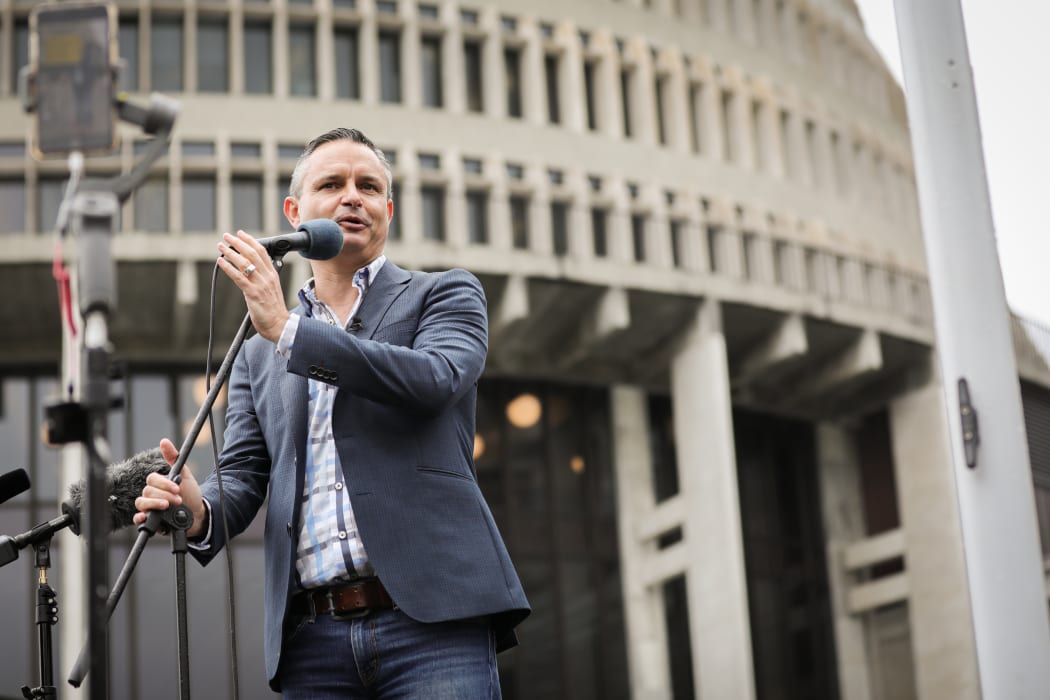 Green Leader James Shaw addresses the protestors at the Climate Strike at Parliament April 2021