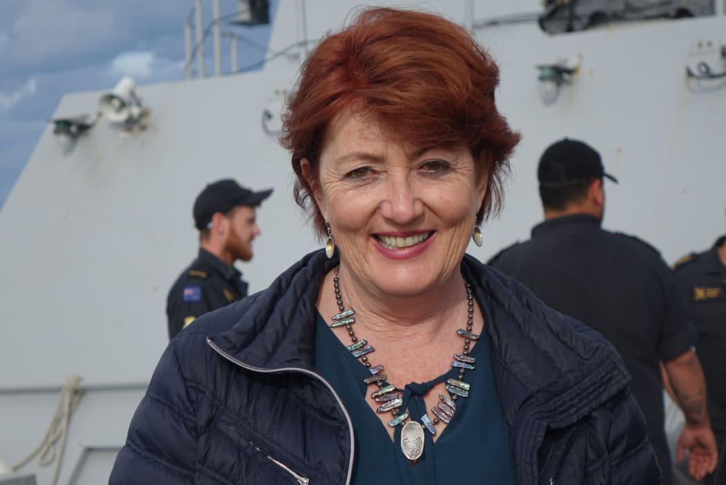 Minister of Conservation Maggie Barry aboard the HMNZS Otago, ready to leave for the Auckland Islands.