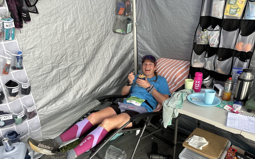 Hadani Woodruff re-fuelling in her tent with Froot Loops.