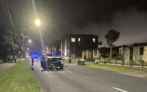 The scene where four vehicles - including three police cars - were rammed.