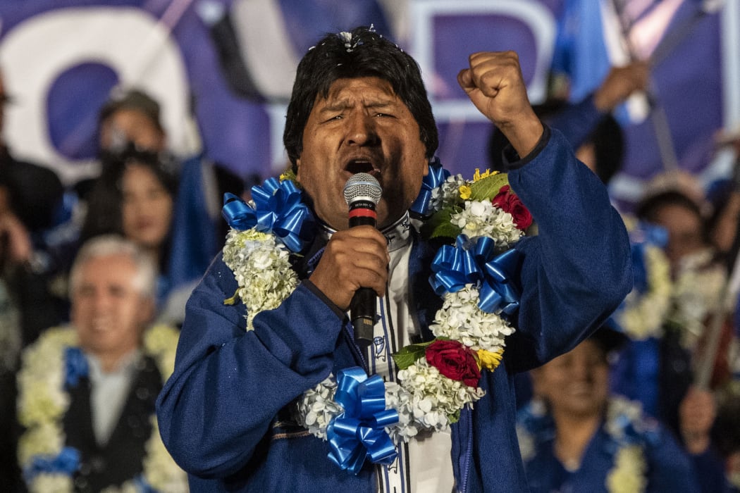 Bolivia's President and presidential candidate Evo Morales gestures during a political rally in El Alto, Bolivia, on October 16, 2019 ahead of the October 20th presidential elections.