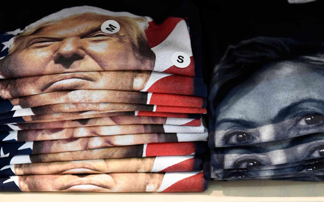 A pile of Donald Trump t shirts.