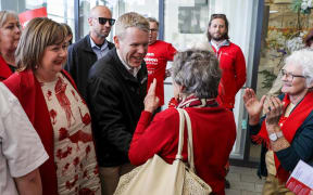 Chris Hipkins and Megan Woods with Labour supporters in Hornby, Christchurch, 11 October 2023.