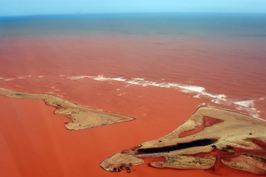 An aerial view of the Doce River which was flooded with toxic lama after a dam burst.