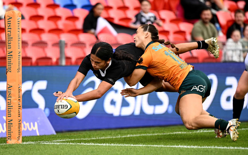 Braxton Sorensen-McGee of the Black Ferns scores a try during the Pacific Four Test Series match against the Wallaroos, 2025.