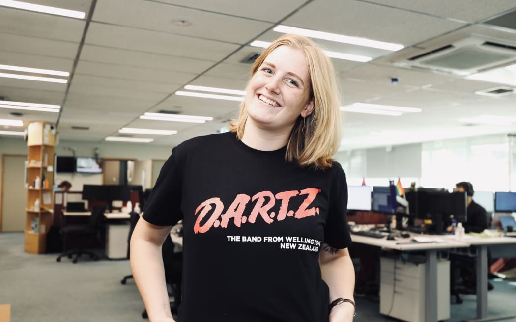 Maia Ingoe in her DARTZ T for NZ music t-shirt day 2024