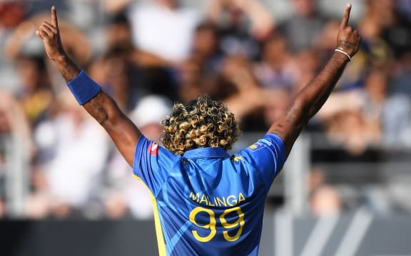 Lasith Malinga celebrates the wicket of Guptill during the T20 match between the Black Caps and Sri Lanka.