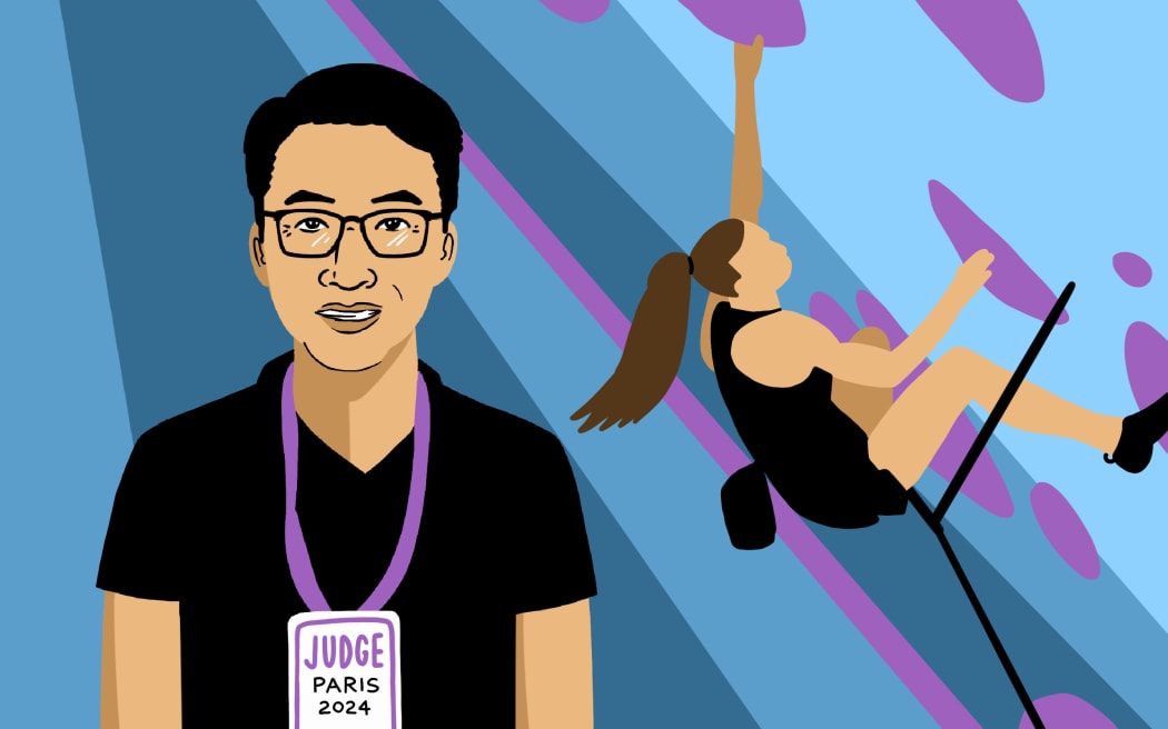 Stylised illustration of climbing judge Nelson Lam, and climber in background.