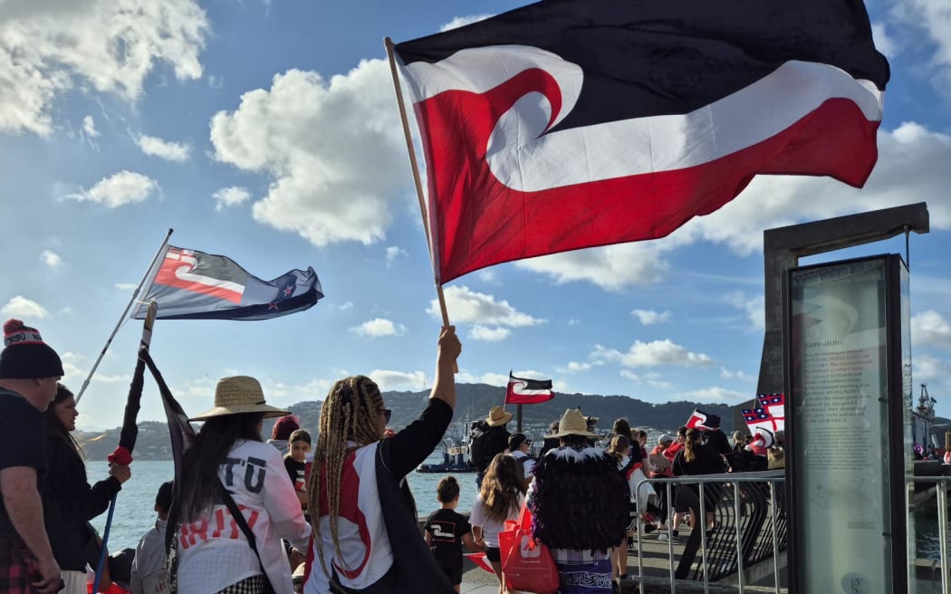 Tino Rangatiratanga flags fly in the air as the hīkoi mō Te Tiriti makes its way to Parliament.