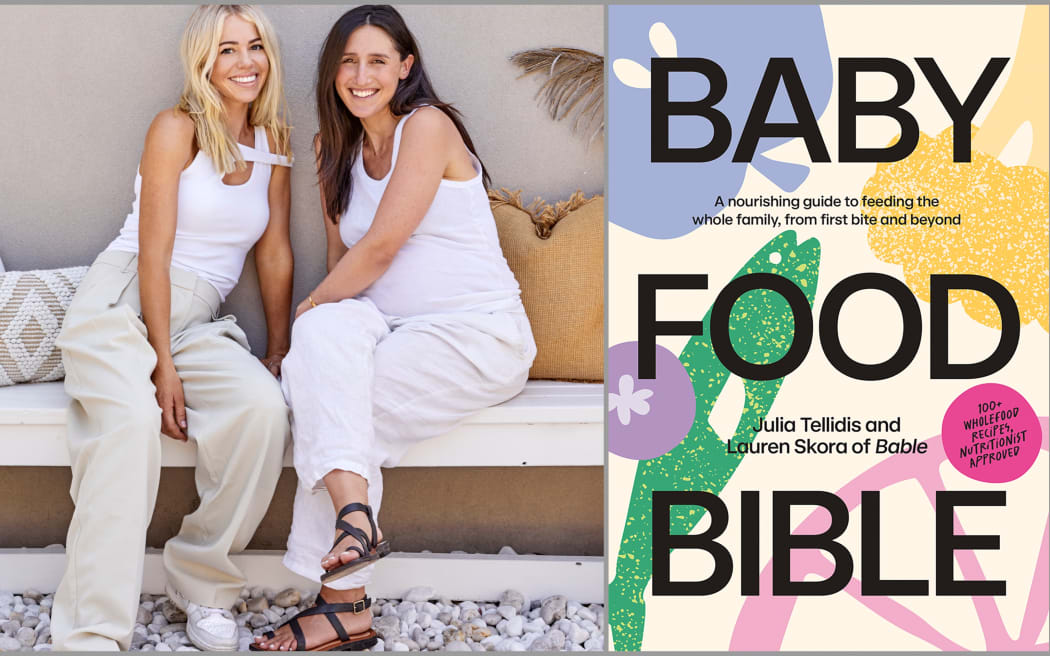 Image of Julia Tellidis and Lauren Skora. Right: Baby Food Bible cover.