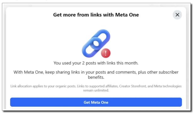 The pop-up that business pages on Facebook are starting to see promoting the subscription service Meta One.