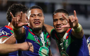 Leka Halasima of the Warriors celebrates his try with Demitric Vaimauga (L) of the Warriors, One New Zealand Warriors v Wests Tigers.