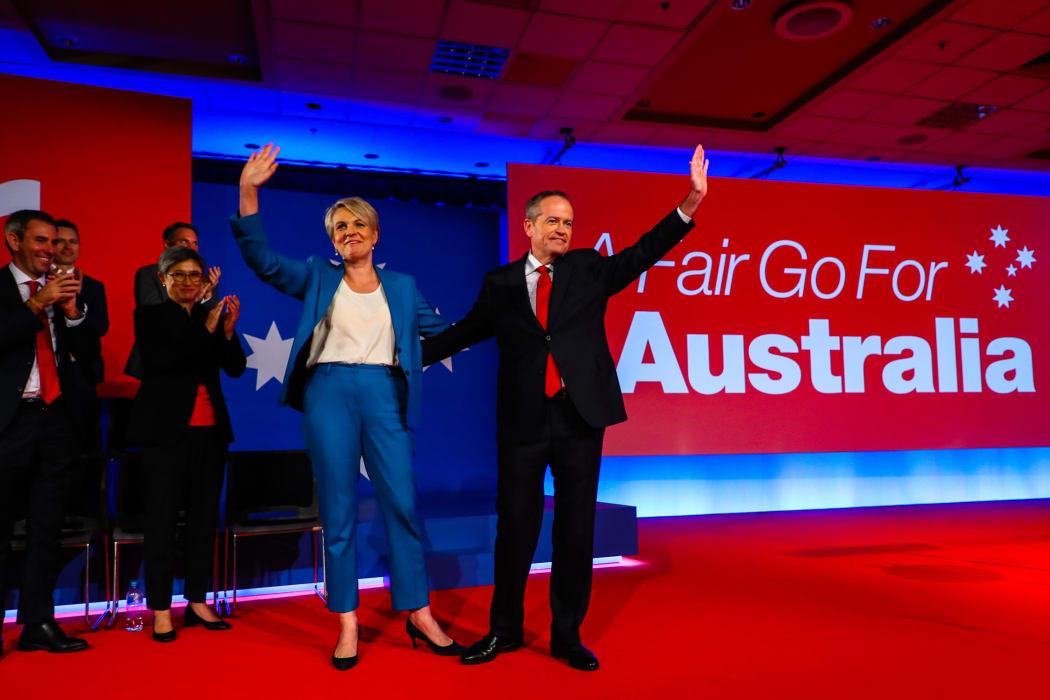 Australian Labor Party eader Bill Shorten (R) and Deputy Labor leader Tanya Plibersek (L) wave during the election launch  in Brisbane on May 5.